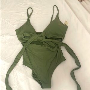 Aerie Green Bodysuit with Cut-Out Design and Adjustable Ties